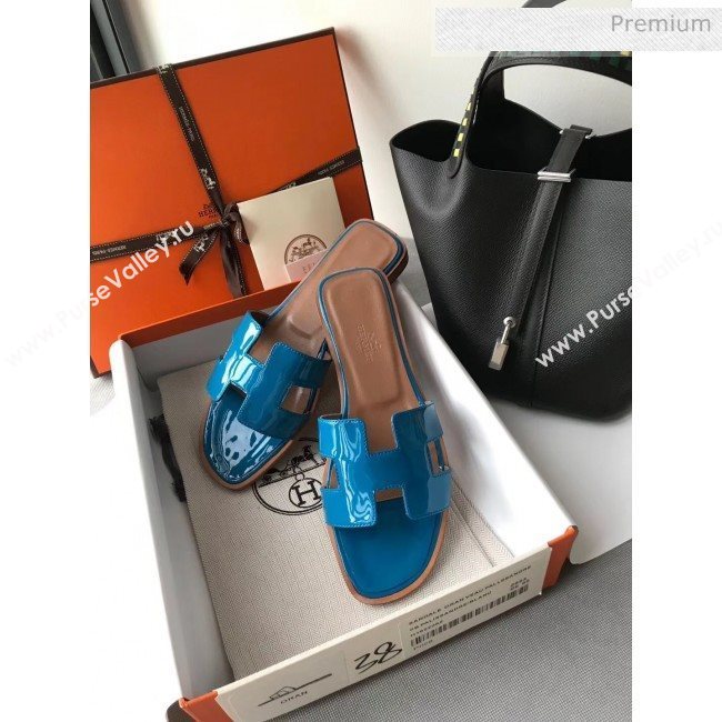 Hermes Patent Calfskin Leather Oran H Flat Slipper Sandals Peacock Blue (MD-20040103)