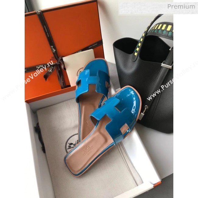 Hermes Patent Calfskin Leather Oran H Flat Slipper Sandals Peacock Blue (MD-20040103)
