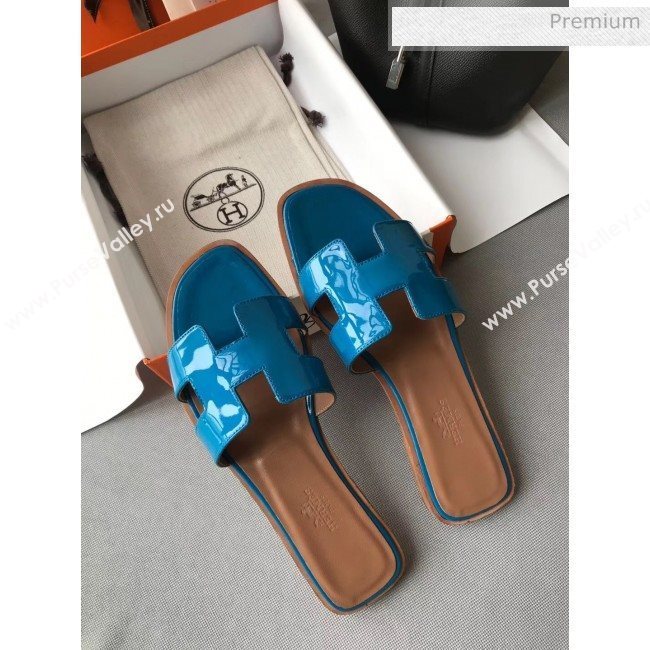 Hermes Patent Calfskin Leather Oran H Flat Slipper Sandals Peacock Blue (MD-20040103)