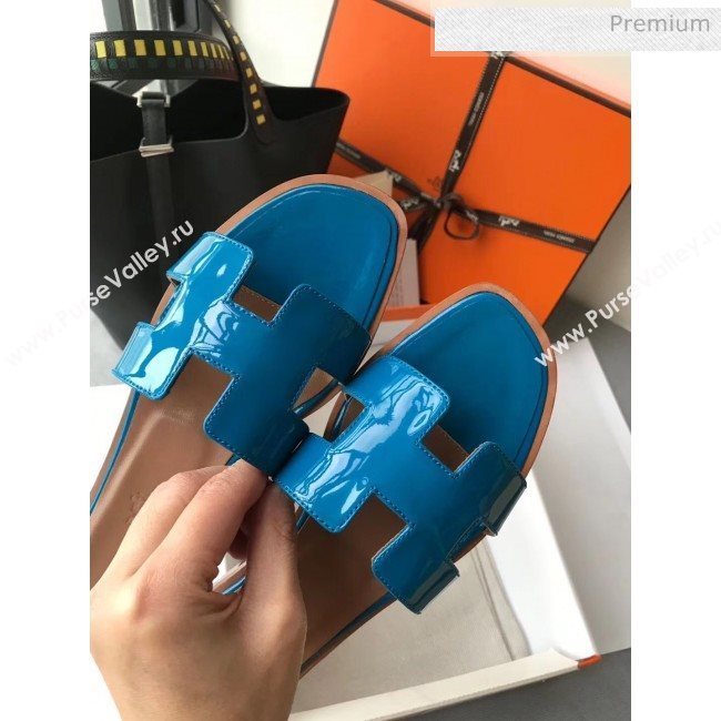 Hermes Patent Calfskin Leather Oran H Flat Slipper Sandals Peacock Blue (MD-20040103)