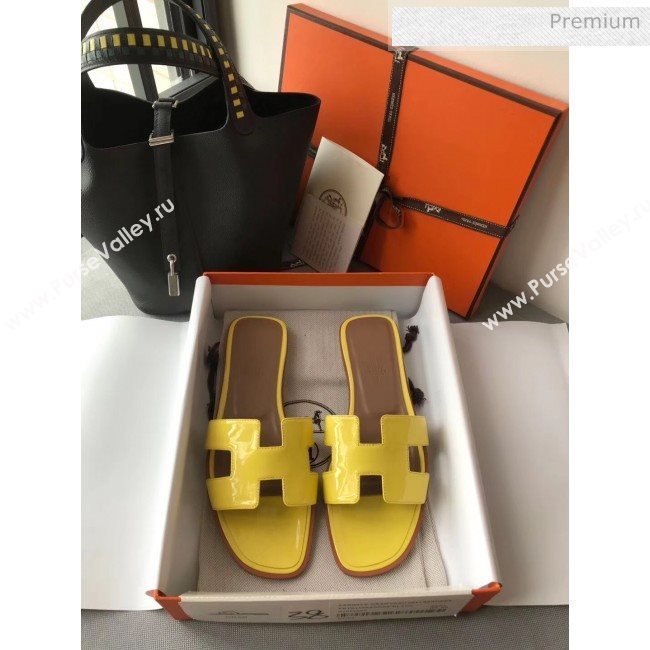 Hermes Patent Calfskin Leather Oran H Flat Slipper Sandals Yellow (MD-20040104)