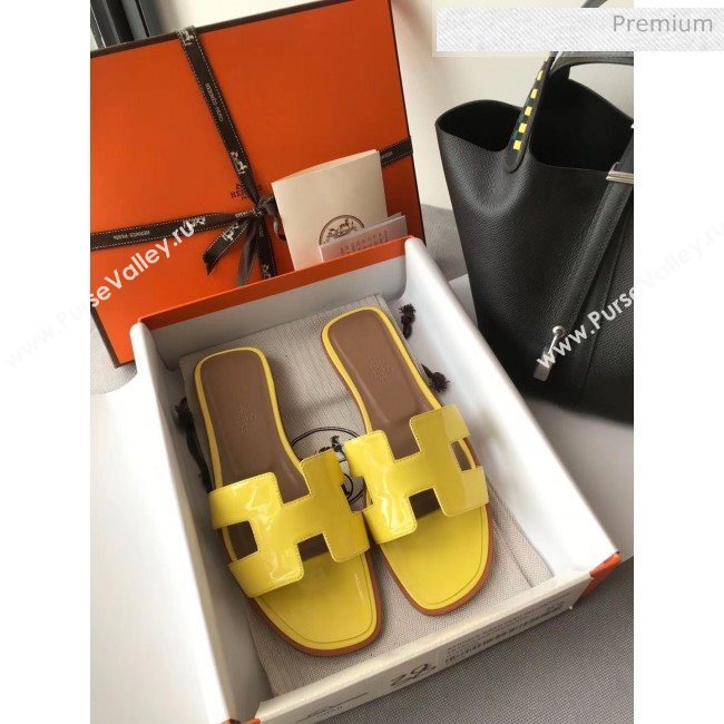 Hermes Patent Calfskin Leather Oran H Flat Slipper Sandals Yellow (MD-20040104)