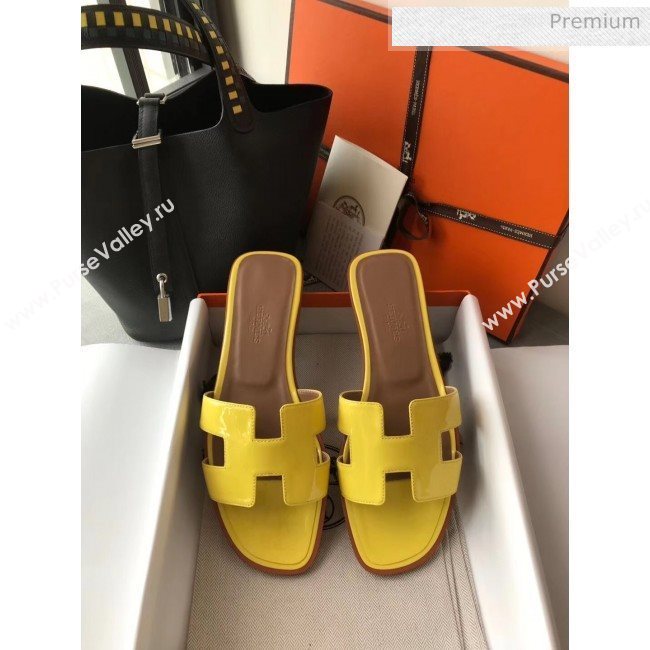 Hermes Patent Calfskin Leather Oran H Flat Slipper Sandals Yellow (MD-20040104)