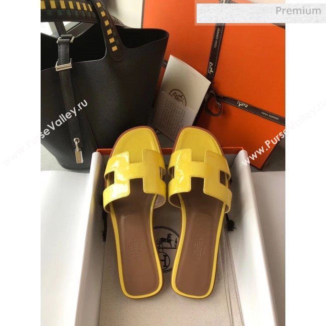 Hermes Patent Calfskin Leather Oran H Flat Slipper Sandals Yellow (MD-20040104)
