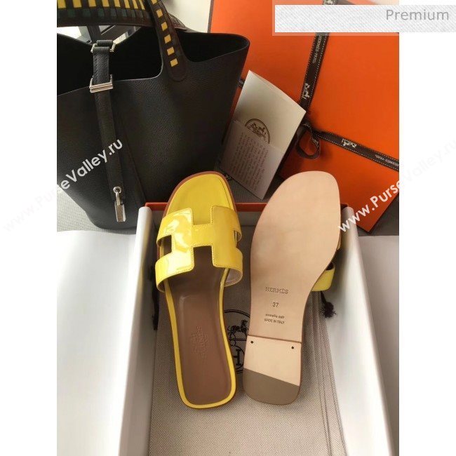 Hermes Patent Calfskin Leather Oran H Flat Slipper Sandals Yellow (MD-20040104)