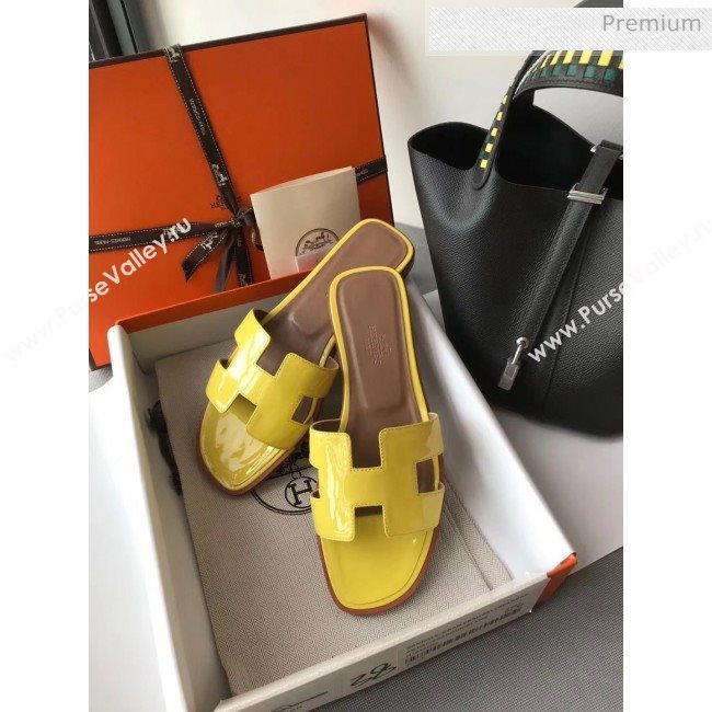 Hermes Patent Calfskin Leather Oran H Flat Slipper Sandals Yellow (MD-20040104)