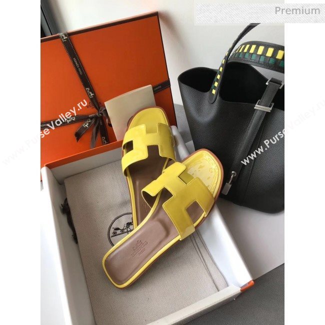 Hermes Patent Calfskin Leather Oran H Flat Slipper Sandals Yellow (MD-20040104)