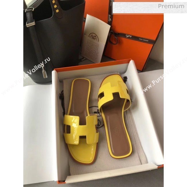 Hermes Patent Calfskin Leather Oran H Flat Slipper Sandals Yellow (MD-20040104)