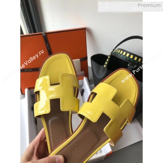 Hermes Patent Calfskin Leather Oran H Flat Slipper Sandals Yellow (MD-20040104)