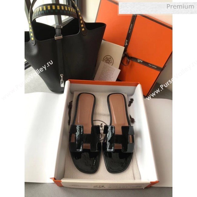 Hermes Patent Calfskin Leather Oran H Flat Slipper Sandals Black (MD-20040105)