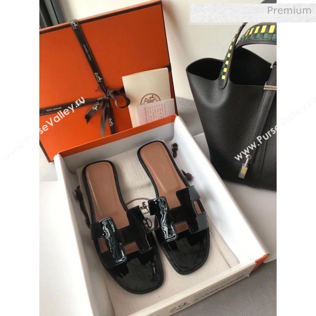Hermes Patent Calfskin Leather Oran H Flat Slipper Sandals Black (MD-20040105)