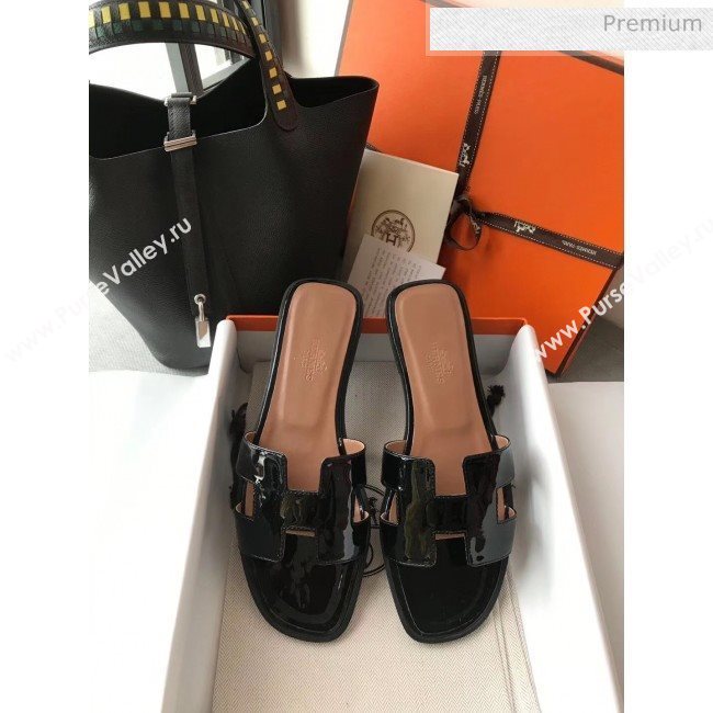 Hermes Patent Calfskin Leather Oran H Flat Slipper Sandals Black (MD-20040105)