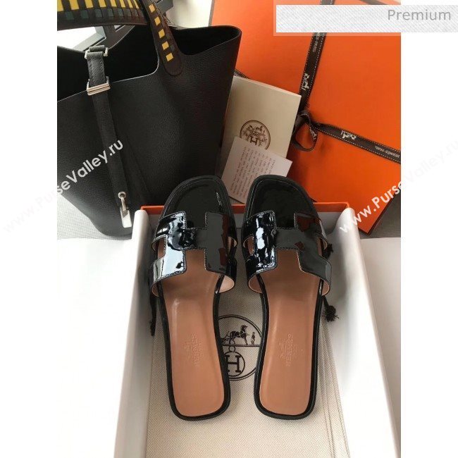 Hermes Patent Calfskin Leather Oran H Flat Slipper Sandals Black (MD-20040105)