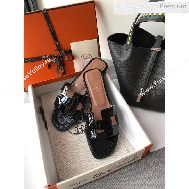 Hermes Patent Calfskin Leather Oran H Flat Slipper Sandals Black (MD-20040105)