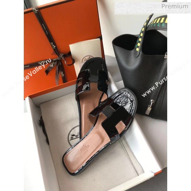 Hermes Patent Calfskin Leather Oran H Flat Slipper Sandals Black (MD-20040105)