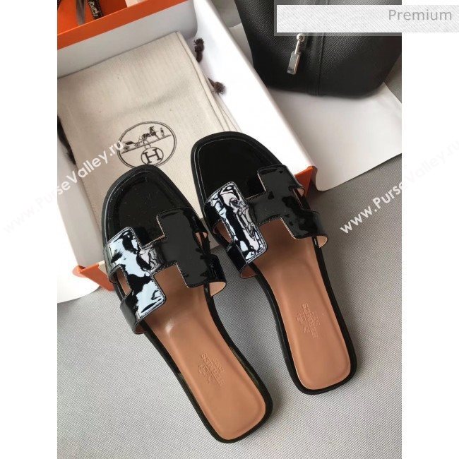Hermes Patent Calfskin Leather Oran H Flat Slipper Sandals Black (MD-20040105)
