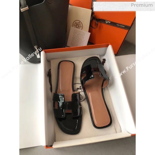 Hermes Patent Calfskin Leather Oran H Flat Slipper Sandals Black (MD-20040105)