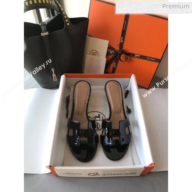 Hermes Patent Calfskin Leather Oasis Slipper Sandals With 5cm Heel Black (MD-20040106)