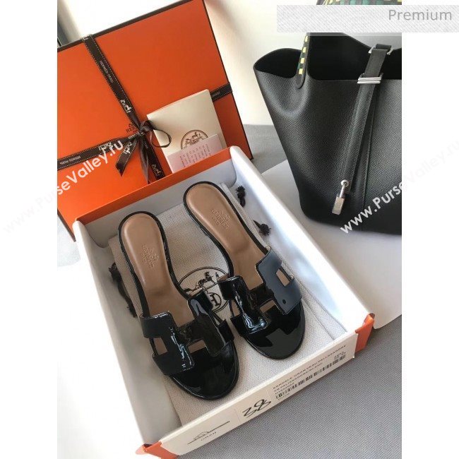 Hermes Patent Calfskin Leather Oasis Slipper Sandals With 5cm Heel Black (MD-20040106)