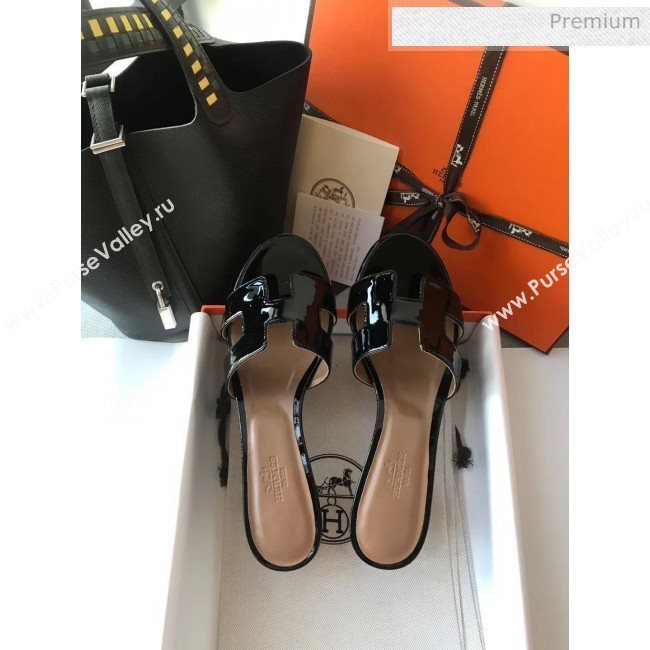 Hermes Patent Calfskin Leather Oasis Slipper Sandals With 5cm Heel Black (MD-20040106)