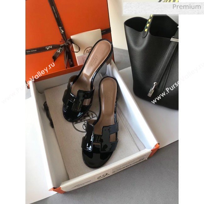 Hermes Patent Calfskin Leather Oasis Slipper Sandals With 5cm Heel Black (MD-20040106)