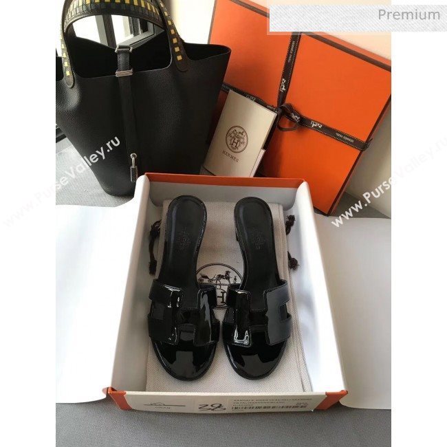 Hermes Patent Calfskin Leather Oasis Slipper Sandals With 5cm Heel All Black (MD-20040108)