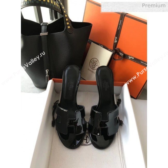 Hermes Patent Calfskin Leather Oasis Slipper Sandals With 5cm Heel All Black (MD-20040108)