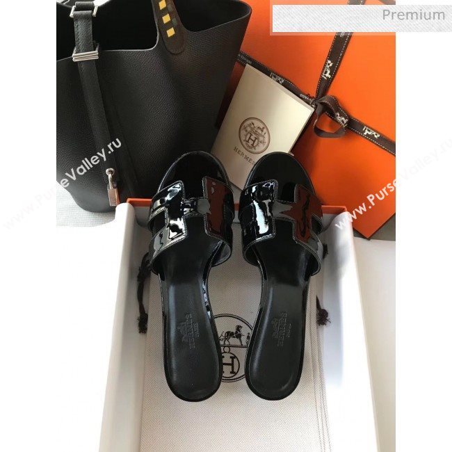 Hermes Patent Calfskin Leather Oasis Slipper Sandals With 5cm Heel All Black (MD-20040108)