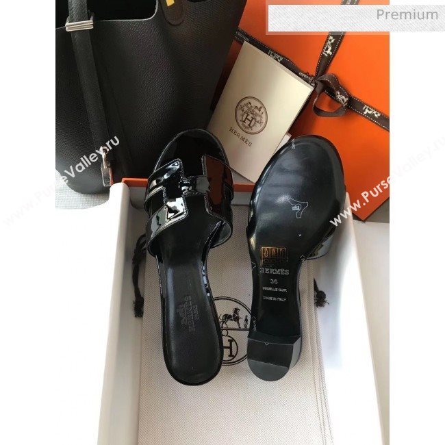Hermes Patent Calfskin Leather Oasis Slipper Sandals With 5cm Heel All Black (MD-20040108)
