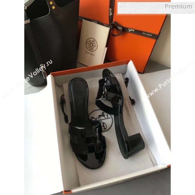 Hermes Patent Calfskin Leather Oasis Slipper Sandals With 5cm Heel All Black (MD-20040108)