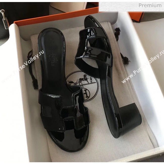 Hermes Patent Calfskin Leather Oasis Slipper Sandals With 5cm Heel All Black (MD-20040108)