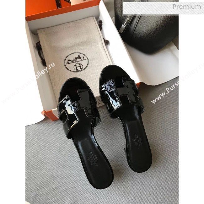 Hermes Patent Calfskin Leather Oasis Slipper Sandals With 5cm Heel All Black (MD-20040108)