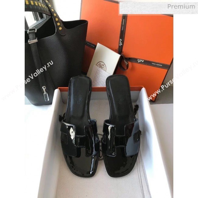 Hermes Patent Calfskin Leather Oran H Flat Slipper Sandals All Black (MD-20040107)