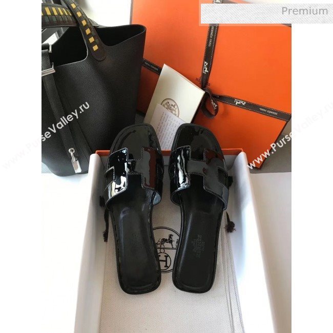 Hermes Patent Calfskin Leather Oran H Flat Slipper Sandals All Black (MD-20040107)