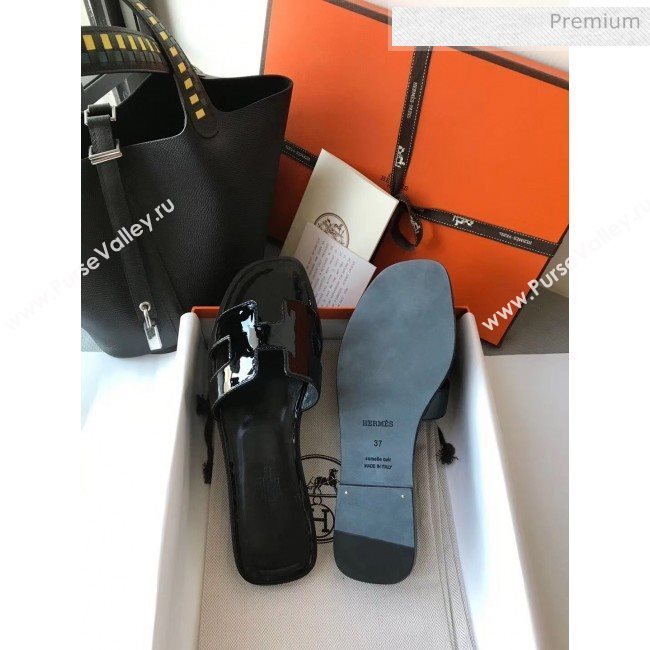Hermes Patent Calfskin Leather Oran H Flat Slipper Sandals All Black (MD-20040107)