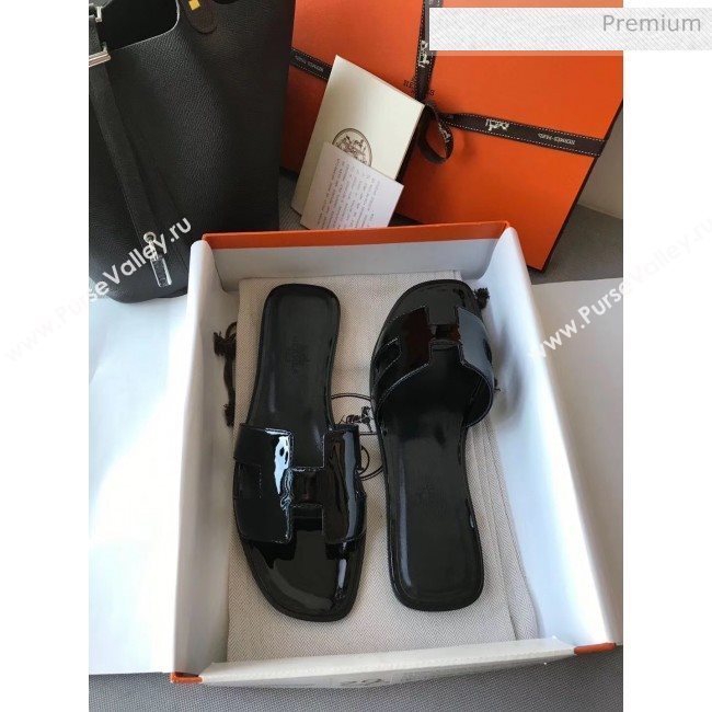 Hermes Patent Calfskin Leather Oran H Flat Slipper Sandals All Black (MD-20040107)