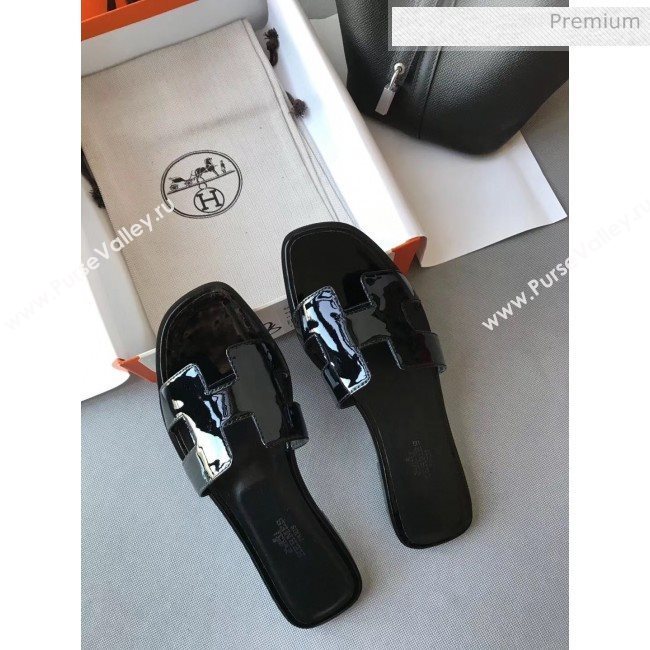 Hermes Patent Calfskin Leather Oran H Flat Slipper Sandals All Black (MD-20040107)