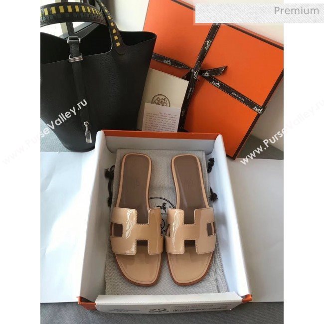 Hermes Patent Calfskin Leather Oran H Flat Slipper Sandals Nude (MD-20040109)