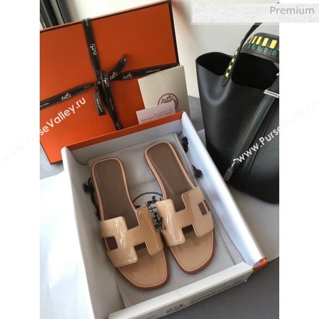 Hermes Patent Calfskin Leather Oran H Flat Slipper Sandals Nude (MD-20040109)