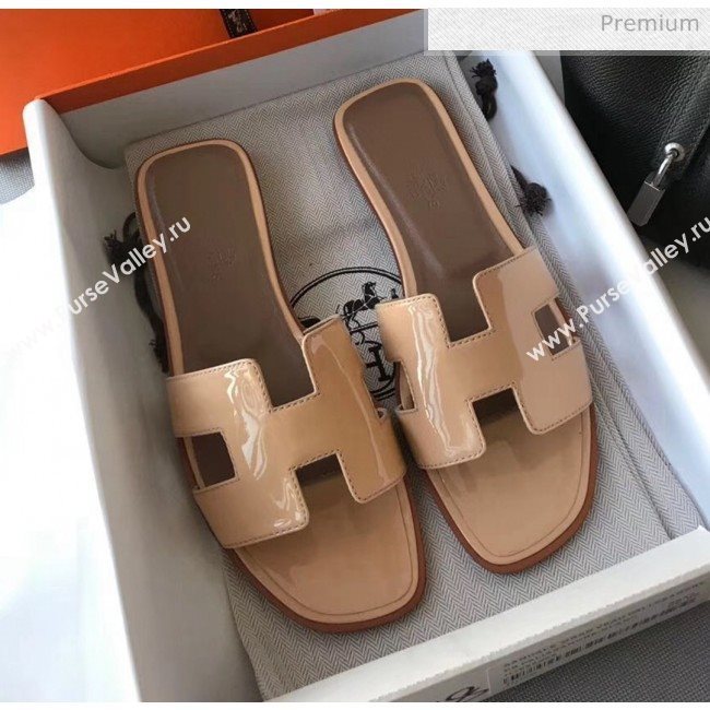 Hermes Patent Calfskin Leather Oran H Flat Slipper Sandals Nude (MD-20040109)