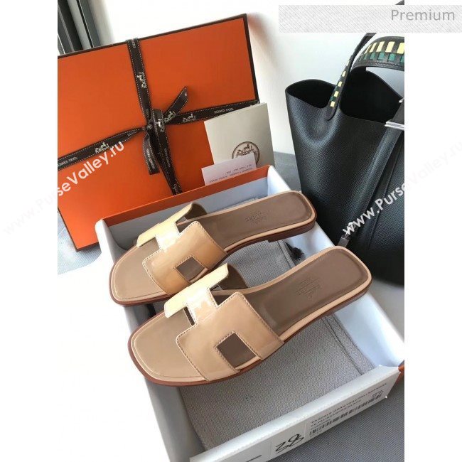 Hermes Patent Calfskin Leather Oran H Flat Slipper Sandals Nude (MD-20040109)