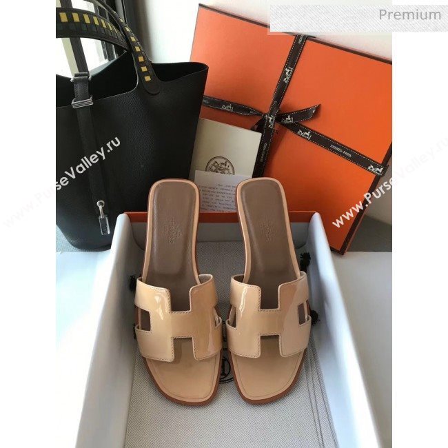 Hermes Patent Calfskin Leather Oran H Flat Slipper Sandals Nude (MD-20040109)