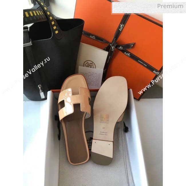 Hermes Patent Calfskin Leather Oran H Flat Slipper Sandals Nude (MD-20040109)