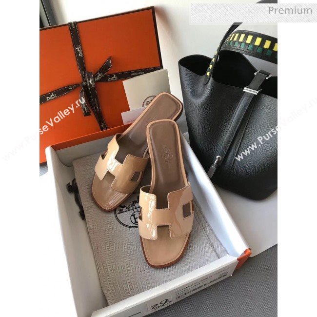 Hermes Patent Calfskin Leather Oran H Flat Slipper Sandals Nude (MD-20040109)