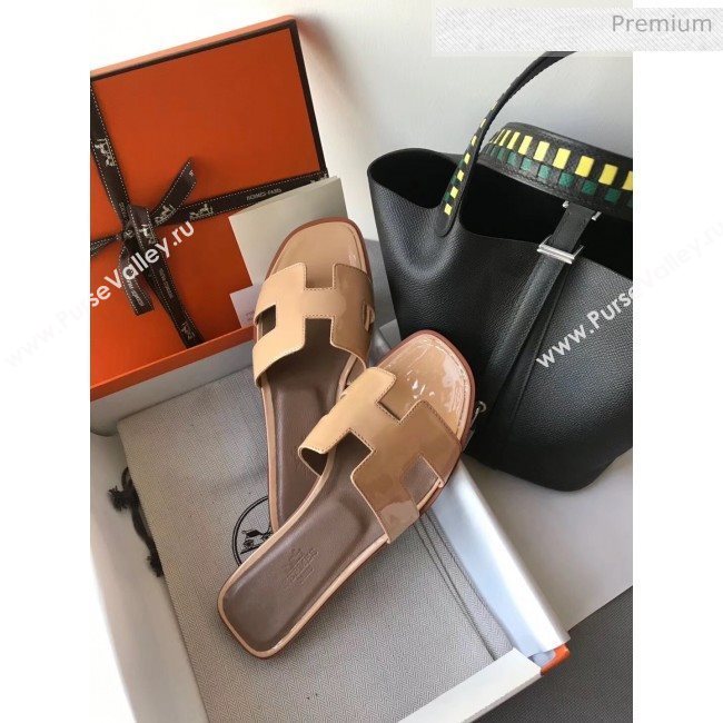Hermes Patent Calfskin Leather Oran H Flat Slipper Sandals Nude (MD-20040109)