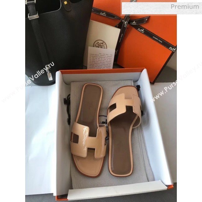 Hermes Patent Calfskin Leather Oran H Flat Slipper Sandals Nude (MD-20040109)