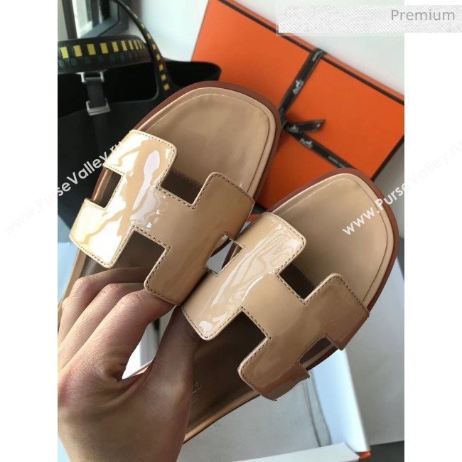 Hermes Patent Calfskin Leather Oran H Flat Slipper Sandals Nude (MD-20040109)