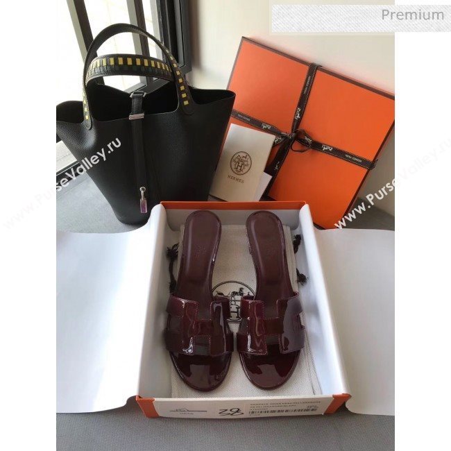 Hermes Patent Calfskin Leather Oasis Slipper Sandals With 5cm Heel Burgundy (MD-20040110)