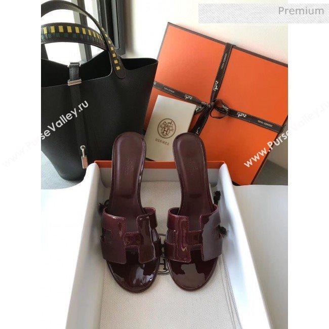 Hermes Patent Calfskin Leather Oasis Slipper Sandals With 5cm Heel Burgundy (MD-20040110)