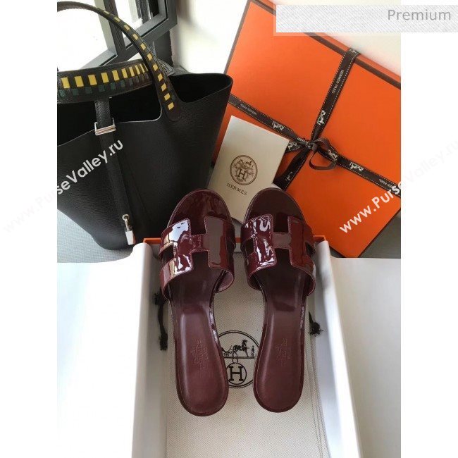 Hermes Patent Calfskin Leather Oasis Slipper Sandals With 5cm Heel Burgundy (MD-20040110)